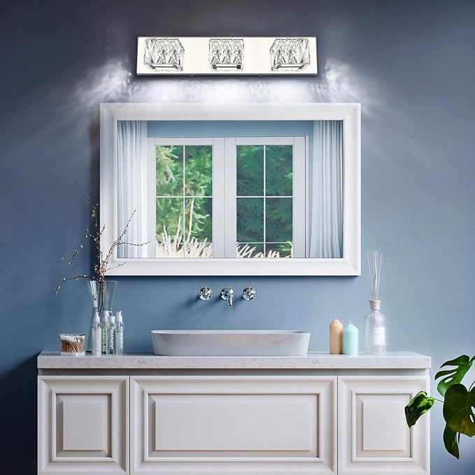 Modern Bathroom Vanity Lights - Crystal 3 Light Vanity Lighting Fixtures - Chrome Bathroom LED Light Fixture Over Mirror 6000K Cool White Light