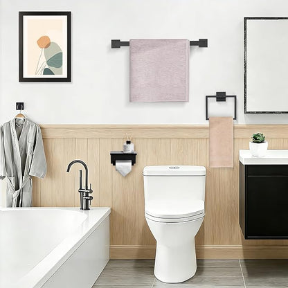 TURS Bathroom Hardware Set Black 4-Piece Towel Bar Set Include 24 Inch Towel Bar Towel Ring Towel Hook Toilet Paper Holder with Shelf Wall Mounted.