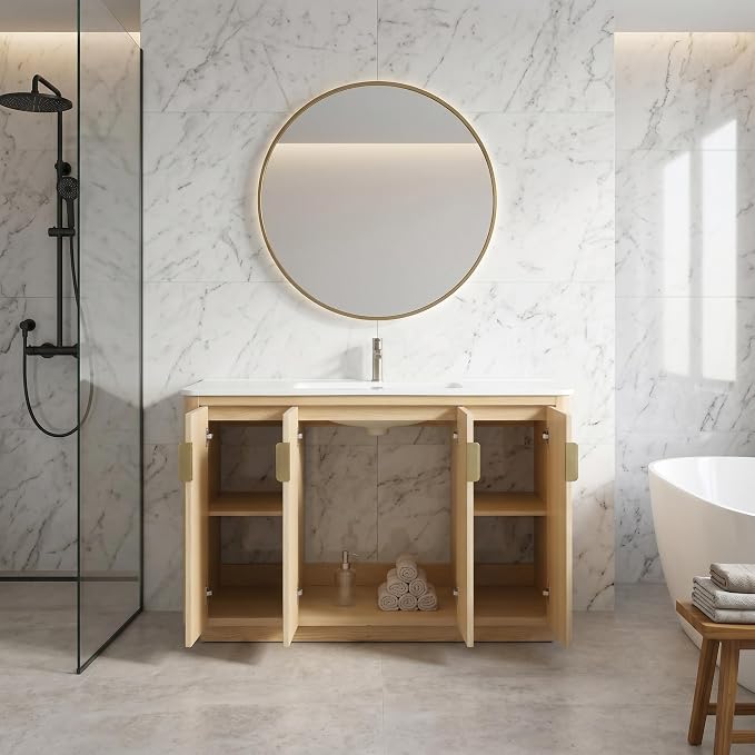 48 Inch Freestanding Bathroom Vanity with Ceramic Sink, Striped Vanity Cabinet with Four-Door Storage & Gold Pull Handles, Natural Wood