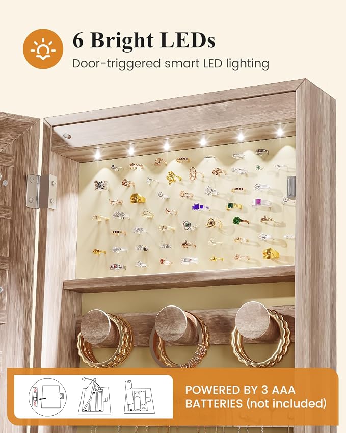 LVSOMT Over The Door Jewelry Organizer, 6 LED Wall Mounted Jewelry Cabinet | Lockable 42.5" Full Length Mirror with Jewelry Storage, Hanging Jewelry Mirror Cabinet, Jewelry Armoire for Women, Wood