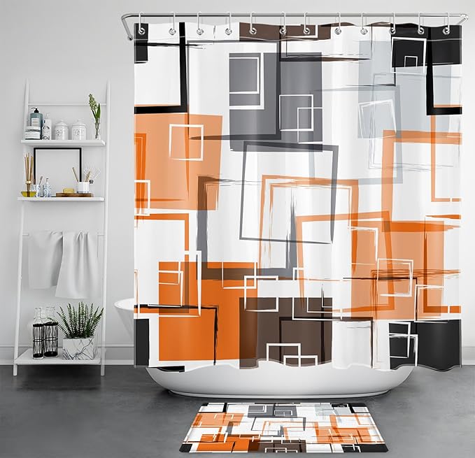 Abstract Geometric Orange Shower Curtain Sets with Rugs, Gray Black and White Geometric Textured Bathroom Curtain Polyester Fabric Bathroom Decoration Shower Curtain Set,70L X 70W Inches