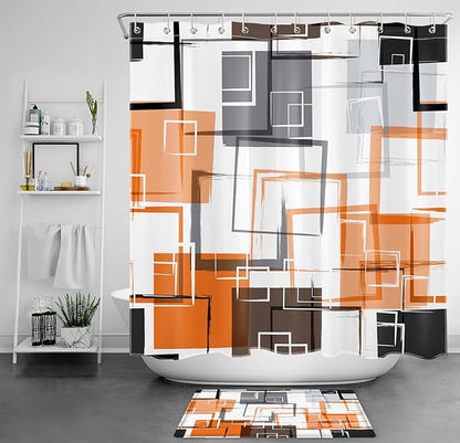 Abstract Geometric Orange Shower Curtain Sets with Rugs, Gray Black and White Geometric Textured Bathroom Curtain Polyester Fabric Bathroom Decoration Shower Curtain Set,70L X 70W Inches