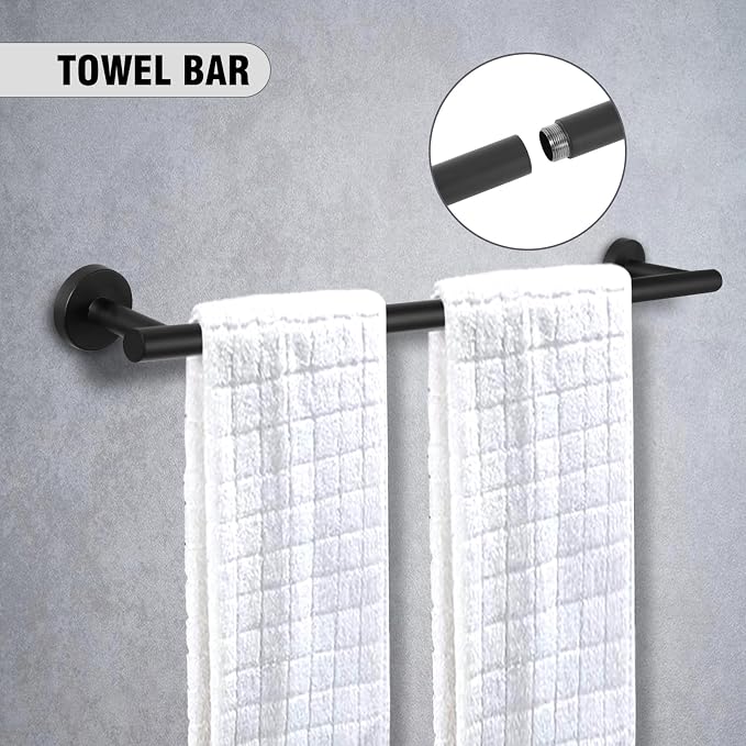 5 Piece Modern Style Wall Mounted Bathroom Hardware Set | #304 Stainless Steel, 24" Towel Bar Mount, Towel Rings, 2 Pillar Toilet Paper Holder, Bathrobe Hook (Matt Black)