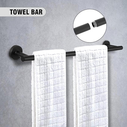5 Piece Modern Style Wall Mounted Bathroom Hardware Set | #304 Stainless Steel, 24" Towel Bar Mount, Towel Rings, 2 Pillar Toilet Paper Holder, Bathrobe Hook (Matt Black)