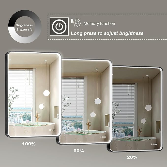 LED Mirror for Bathroom 30X36 Inch Black Framed with Anti-Fog, Stepless Dimmable, Front Lit, LED Bathroom Vanity Mirror for Wall, Memory Function, Shatter-Proof
