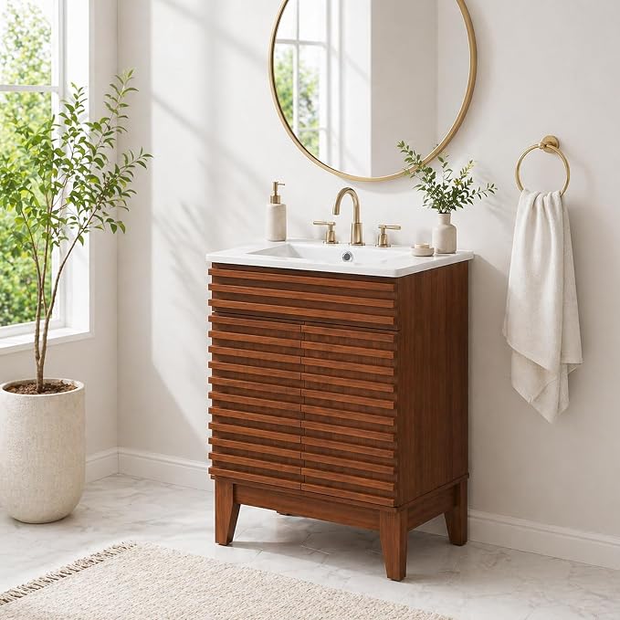 24 Inch Bathroom Vanity with Sink, Walnut Fluted Freestanding Bathroom Vanity Cabinet with Ceramic Sink Top, Solid Wood Legs, Soft Close Double Doors and Modern Storage Cabinet