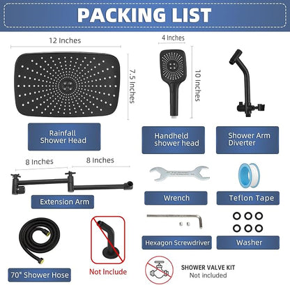 12" High Pressure Rain/Rainfall Shower Heads With Handheld Spray Combo (3+1 Settings & Built-in Power Wash Mode), Double/Dual Shower Head With Handheld - Height/Angle Adjustable(Matte Black)