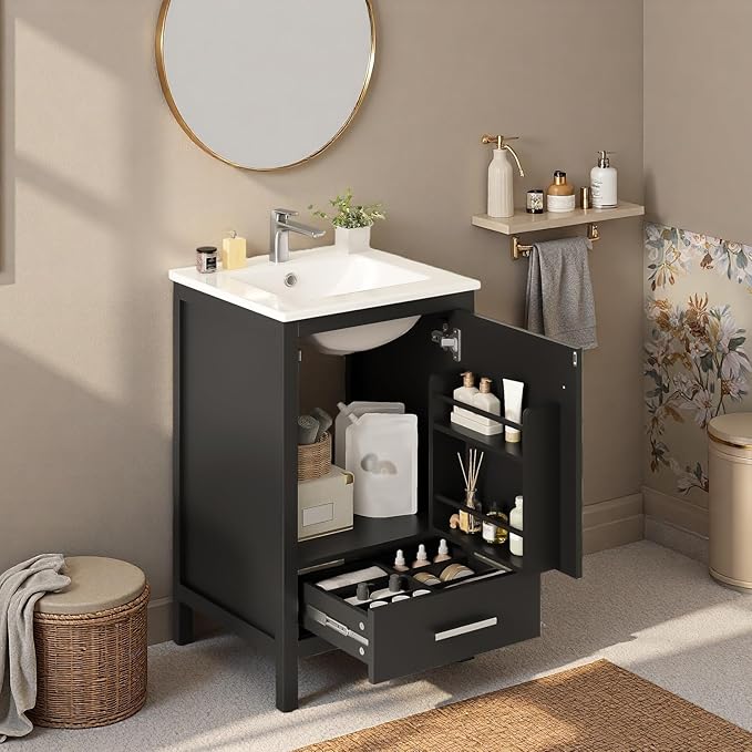 20" Freestanding Bathroom Vanity with Sink, Floor Stand Bathroom Storage Cabinet with Ceramic Sink, Door with Double-Layered Storage Shelves, Modern Compact Vanity with Divided Drawer, Black
