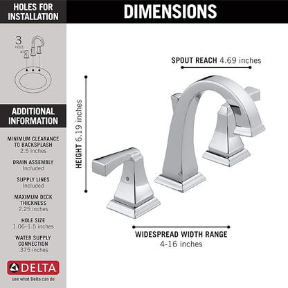 Delta Dryden Chrome Bathroom Faucet 3 Hole, 8 Inch Widespread Bathroom Sink Faucet for Vanity, Metal Push-Pop Drain Assembly, Chrome 3551-MPU-DST