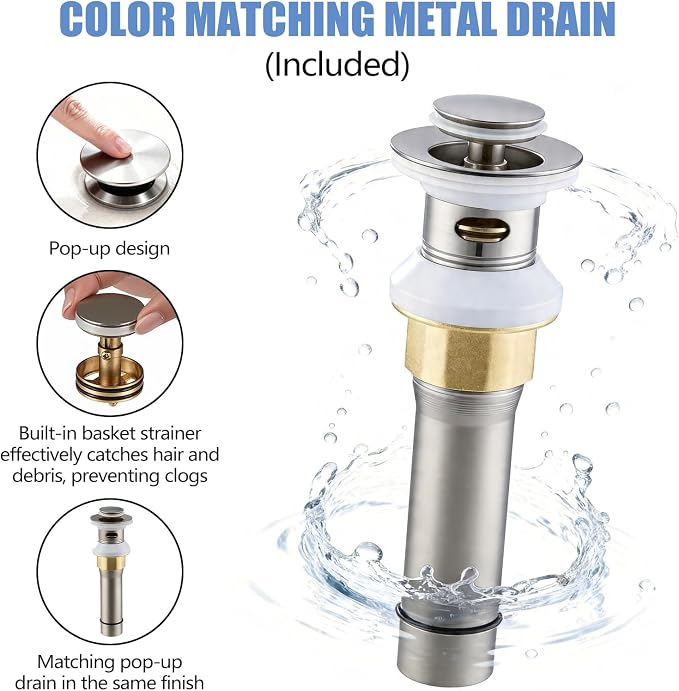 Brushed Nickel Bathroom Faucet 3 Hole, 8 Inch Widespread Bathroom Sink Faucet for Vanity, 2 Handle Bathroom Faucets, Bathroom Vanity Faucet with Pop-Up Drain and Supply Hoses