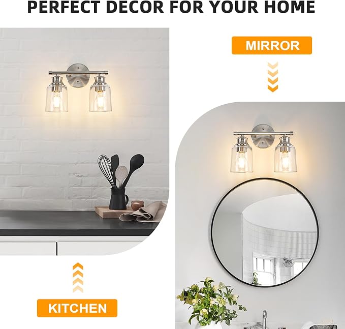 Bathroom Light Fixtures Over Mirror, 2 Lights Vanity Lights with Clear Glass Shade, 12.1" Brushed Nickel Farmhouse Bathroom Wall Light Fixtures for Bedroom, Hotel, Mirror Cabinet