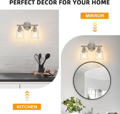 Bathroom Light Fixtures Over Mirror, 2 Lights Vanity Lights with Clear Glass Shade, 12.1" Brushed Nickel Farmhouse Bathroom Wall Light Fixtures for Bedroom, Hotel, Mirror Cabinet