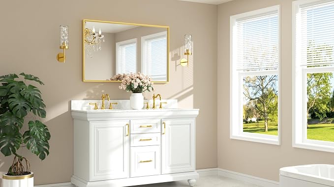 Brushed Brass Frame Mirror for Bathroom Wall 48" x 30" Brushed Gold Beveled Rectangle Bathroom Vanity Mirror for Over Sink, Bedroom, Entryway, Living Room, Tempered Glass, Stronger Frame