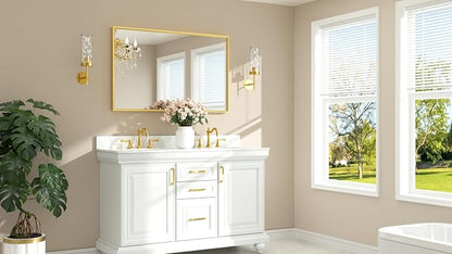 Brushed Brass Frame Mirror for Bathroom Wall 48" x 30" Brushed Gold Beveled Rectangle Bathroom Vanity Mirror for Over Sink, Bedroom, Entryway, Living Room, Tempered Glass, Stronger Frame