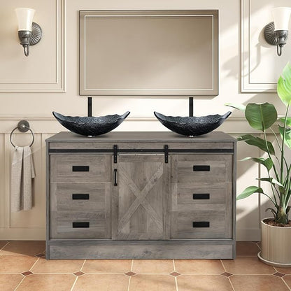 48" Barn Door Bathroom Vanity with 6 Drawers, Farmhouse Style Standing Pedestal Cabinet with Two Silver Leaf Vessel Sinks