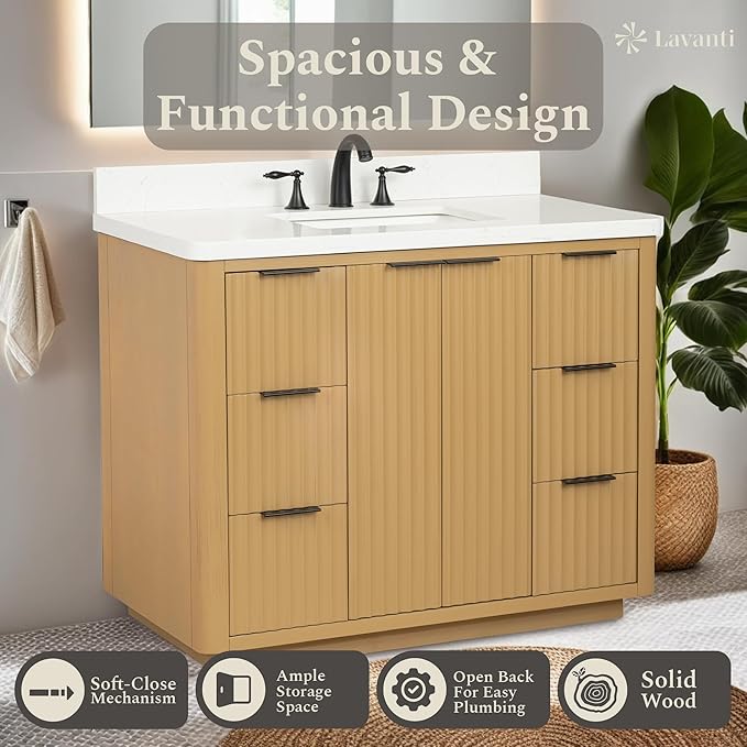 Lavanti Wooderna 42 Inch Bathroom Vanity with Sink – Stylish Firwood Oak Vanity Bathroom with Storage Cabinet – Modern Bathroom Vanities with Single Vanity Sink & Quartz Countertop