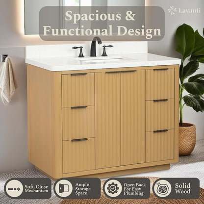Lavanti Wooderna 42 Inch Bathroom Vanity with Sink – Stylish Firwood Oak Vanity Bathroom with Storage Cabinet – Modern Bathroom Vanities with Single Vanity Sink & Quartz Countertop