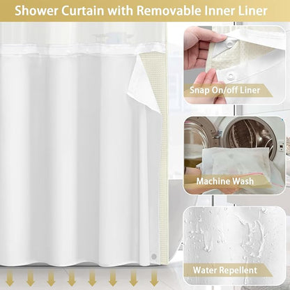 No Hook Shower Curtain with Liner Set Hotel Waffle Curtain Cream 72W X 75L | Washable Snap in Fabric Liner, Mesh Top Window, Waffle Hotel Style Shower Curtain Set