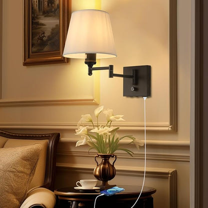 Bedside Wall Mount Light with Dimmable Switch and USB C+A Charging Port, Swing Arm Fabric Shade Wall Sconce Light with Plug in Cord, Black Wall Lamp for Bedroom, Living Room and Hotel