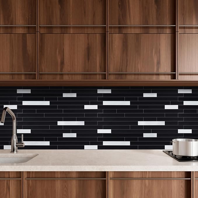 Yipscazo 1 Sheet Peel and Stick Stone Metal Tile Backsplash, Stick on Tiles for Backsplash Kitchen, Bathroom, Laundry Room, Camper, Fireplace (12'' X 12'', Polished Pure Black)