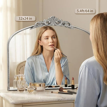 Micasso Vintage Silver Arched Mirror: 32"x24" Baroque Antique Vanity Mirror | Traditional Ornate French Decorative Wall Mirror for Bedroom/Bathroom/Entryway/Hallway/Dresser/Mantel/Nightstand/Over Sink