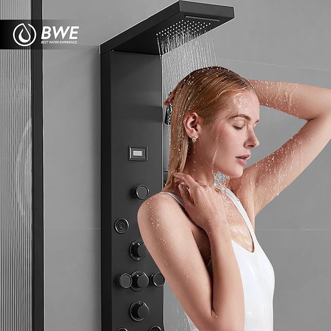 BWE Stainless Steel Shower Panel Tower System,Rainfall Waterfall Shower Head,3 Functions Handheld Shower Head,Two Modes Massage Body Jets,with Tub Spout,5 in 1 Shower Panel System,Matte Black