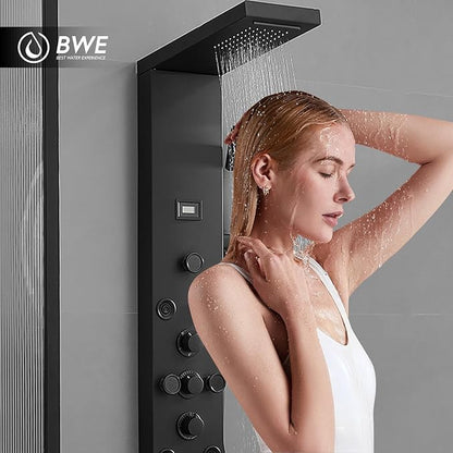 BWE Stainless Steel Shower Panel Tower System,Rainfall Waterfall Shower Head,3 Functions Handheld Shower Head,Two Modes Massage Body Jets,with Tub Spout,5 in 1 Shower Panel System,Matte Black