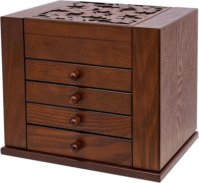 Extra Large Four-Leaf Carved 5 Layers Wooden Jewelry Box Jewelry Case Cabinet Armoire Ring Necklacel Gift Storage Box Organizer (5 Layers,Brown,Style 2)