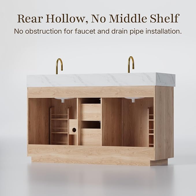 60 inch Double Sink Bathroom Vanity with Countertop,2 Rectangular Porcelain Sink, Solid Wood, 1.5 inch Carrara White Quartz, 4 Soft Closing Doors,3 Dovetail Drawers,2 Tilt Drawer