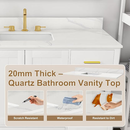 48 Inch Bathroom Vanity with Sink&Countertop,Carrara White Quartz Counter Top with Sink&Backsplash,White Bathroom Cabinet Set with 2 Doors and 9 Drawer(Three Holes)