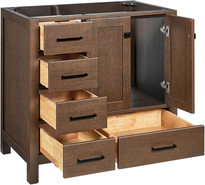 ARIEL Cambridge 36-inch Bathroom Vanity Base Cabinet,Solid Wood, 2 Soft Closing Doors, 5 Dovetail Drawers, Brown Oak