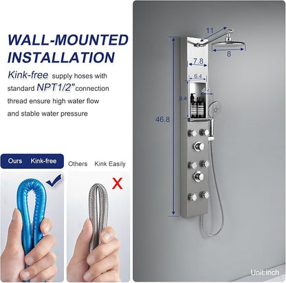 ROVATE Shower Panel Tower System with Shelf & 6 Body Jets, Brushed Finish | Stainless Steel Shower Column with Height Adjustable Shower Arm, Self-Cleaning Rainfall Showerhead & Handheld