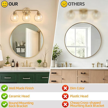 Bathroom Light Fixtures Gold Vanity Light 3 Light Brushed Brass | Wall Sconces Lighting with Seeded Globe Glass Shades Bath Wall Lamp for Mirror Kitchen Living Room Bedroom Hallway