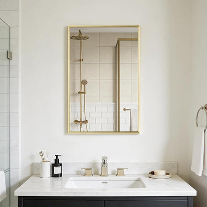 Bathroom Wall Mirror, 16" x 24" Brushed Gold Vanity Mirror for Over Sink | Rectanglar Metal Framed Mirror for Over Sink, Tempered Glass, Anti-Rust, Hangs Horizontally or Vertically