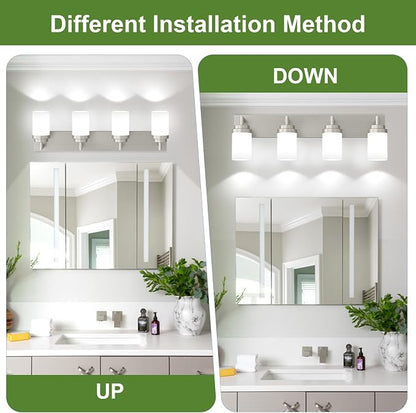 Bathroom Light Fixtures, Brushed Nickel Bathroom Lighting Fixtures Over Mirror, Modern Vanity Light with White Glass Shade, Restroom Lighting Fixtures, 4-Light 30-inch