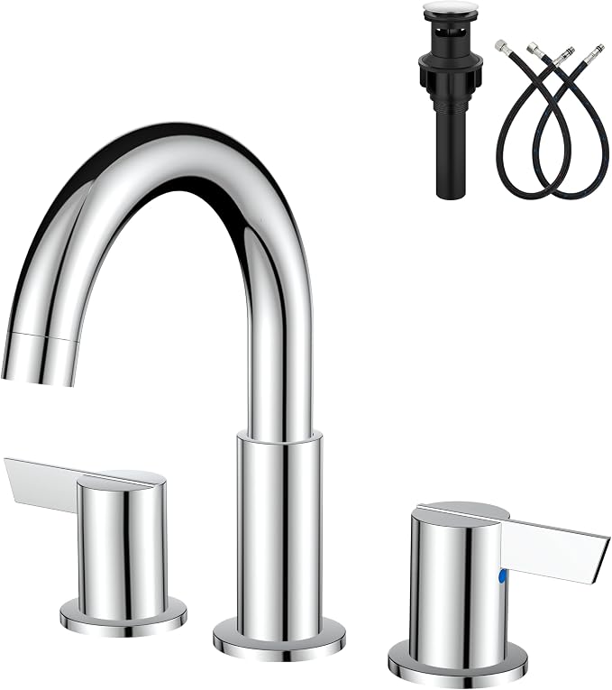 Polish Chrome Bathroom Faucet 3 Hole, 8 Inch Widespread 2-Handle | SUS304 Stainless Steel, 2-Handle Control, Pop-Up Drain, Supply Lines and Mounting Hardware for 8-Inch Widespread Vanity Sinks