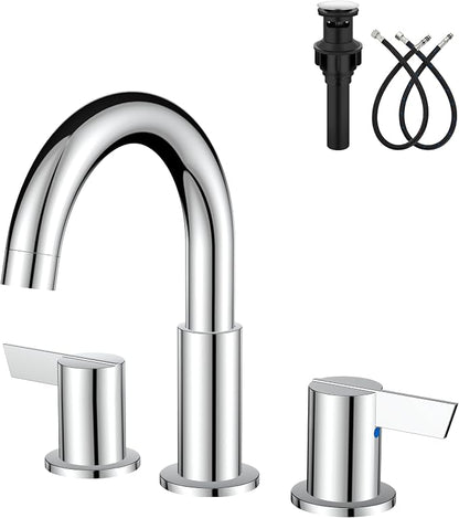 Polish Chrome Bathroom Faucet 3 Hole, 8 Inch Widespread 2-Handle | SUS304 Stainless Steel, 2-Handle Control, Pop-Up Drain, Supply Lines and Mounting Hardware for 8-Inch Widespread Vanity Sinks