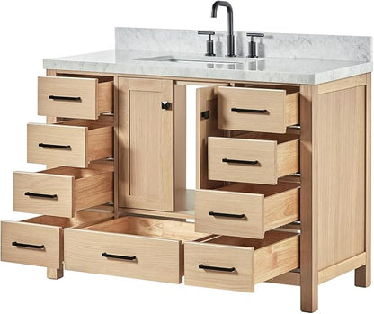 Beckford 48-Inch Oak Bathroom Vanity with Sink, 1.5-Inch Carrara White Marble Countertop & 4" Backsplash, 2 Soft Closing Doors, 9 Dovetail Drawers, Matte Black Hardware
