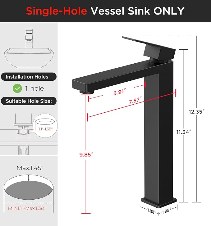 FORIOUS Vessel Sink Faucet Single Hole, Matte Black Tall Bathroom Faucets | For 1 or 3 Hole 4 Inch Centerset Sink, with Pop-up Drain, NSF61 Certificate, Single Handle Faucet for Sink Vanity RV Restroom