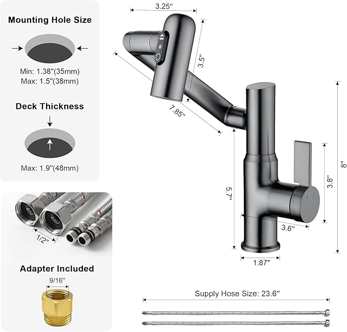 Lefton Rotatable Bathroom Faucet with Temperature Display in Fahrenheit (Batteries-Free), 3 Water Modes, Dark Grey, BF2204-2