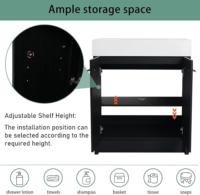30 Inch Freestanding Bathroom Vanity,30" Bathroom Vanity with Sink,Modern Single Sink Bathroom Vanity Combo,Black Floor Stand Cabinet Set