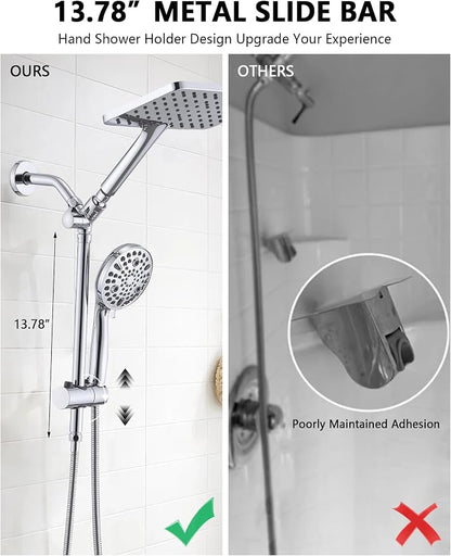 PDPBath High Pressure Rainfall Shower Head with Handheld Combo, Height Adjustable Dual Handheld Shower Head Combo with Slide Bar for Easy Reach, Chrome