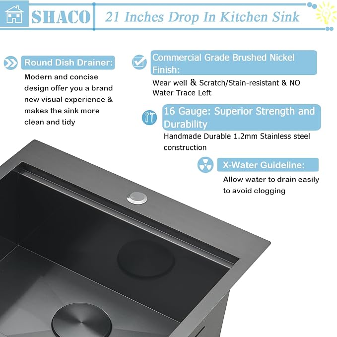 21 Inch Black Drop In Kitchen Sink, 21x20 Inch Gunmetal Black Top Mount 16 Gauge Stainless Steel Single Bowl Workstation RV Small Kitchen Outdoor Laundry Wet Prep Sink with Accessories