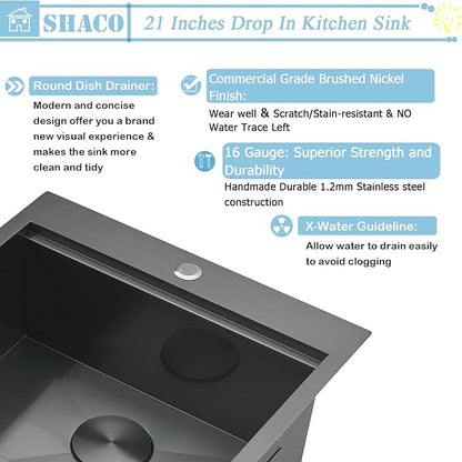 21 Inch Black Drop In Kitchen Sink, 21x20 Inch Gunmetal Black Top Mount 16 Gauge Stainless Steel Single Bowl Workstation RV Small Kitchen Outdoor Laundry Wet Prep Sink with Accessories