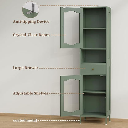 66.4" Tall Bathroom Storage Cabinet with Adjustable Shelves and Glass Doors, Anti-Tipping Narrow Cabinet, Linen Cabinet for Bathroom, Kitchen, Living Room, Olive Green