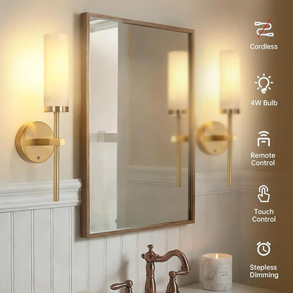 Shenmoyl Battery Operated Wall Sconces Set of 2, Gold Rechargeable Wall Lighting Fixtures, Dimmable Wall Lights with Remote & Opal Glass Shade for Living Room, Bathroom,Bedroom