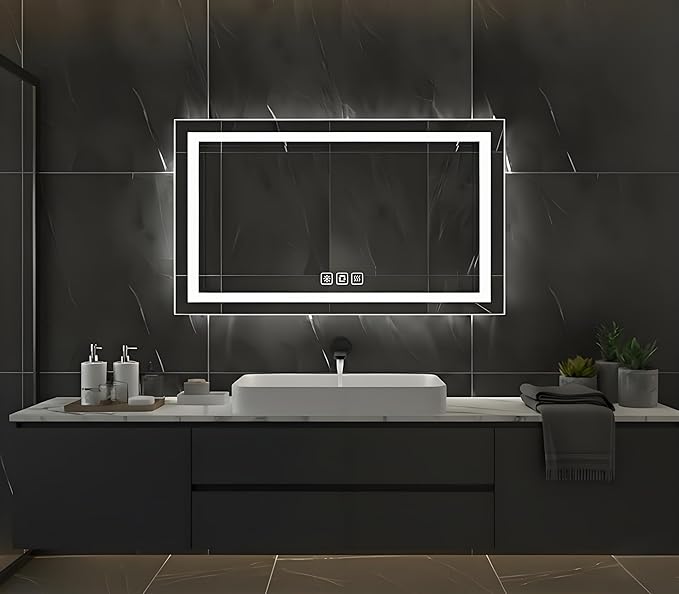 40 * 24inches Rectangle LED Mirror, Smart Bathroom Mirror with Lights, Anti-Fog, Tempered Glass, 3 Colors Dimmable, Front and Backlit, CRI 90+, Wall Mounted, Memory