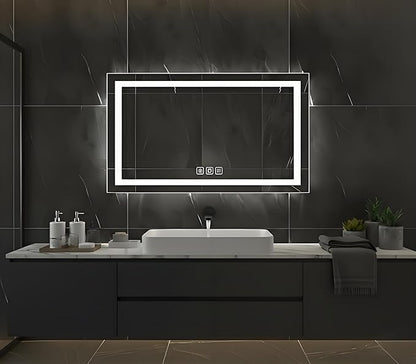 40 * 24inches Rectangle LED Mirror, Smart Bathroom Mirror with Lights, Anti-Fog, Tempered Glass, 3 Colors Dimmable, Front and Backlit, CRI 90+, Wall Mounted, Memory