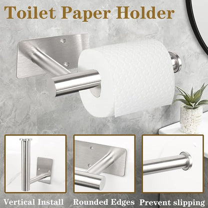 5 Pcs Self Adhesive Bathroom Hardware Set, Stainless Steel Towel Rack Set Include Adjustable 24In Bath Towel Bar+Toilet Paper Holder+3 Towel/Robe Hooks Bathroom Accessory Kit(Brushed Nickel)