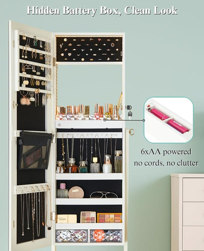 LUXFURNI Full‑Length Standing Jewelry Armoire Cabinet with Storage Mirror | Built‑in LED Makeup Mirror, 3 Tilt Angles, 48H Runtime with 6AA Batteries, Acrylic Lipstick Tray, Engineered Wood for Bedroom